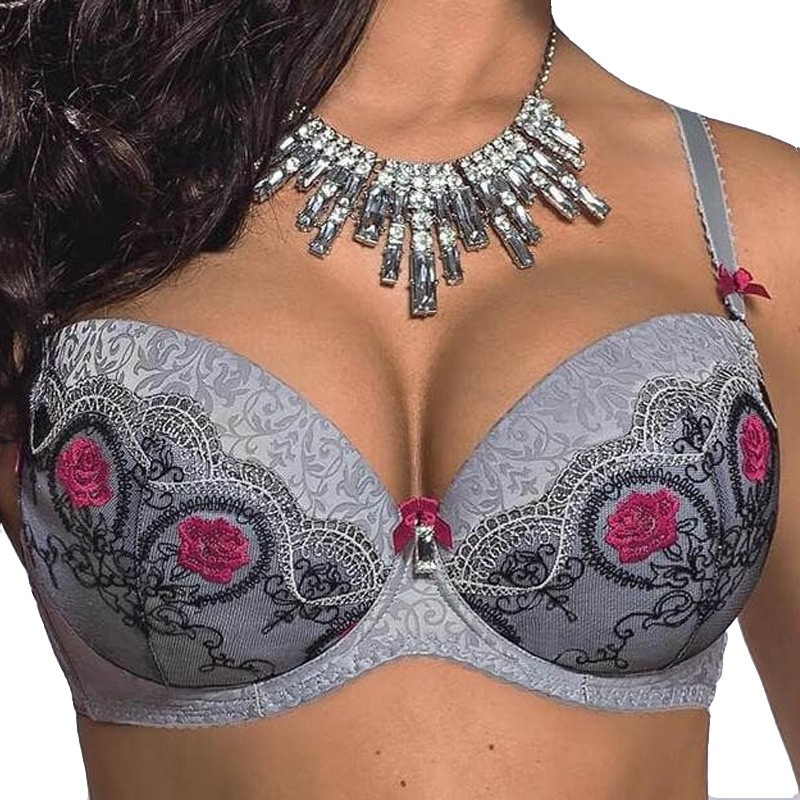Bella Rosa Grey Lace Push Up Bra With Removable Padding